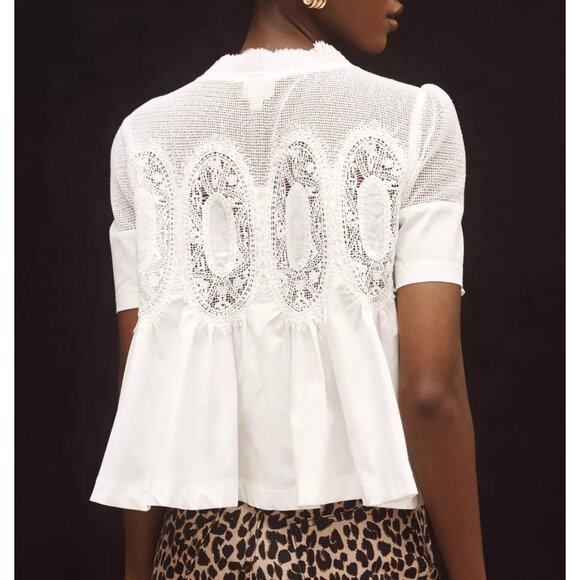 Women Lace-Detail Flared Blouse Cotton Polyshort Sleeve Crew Neck Elegant - Picture 2 of 5